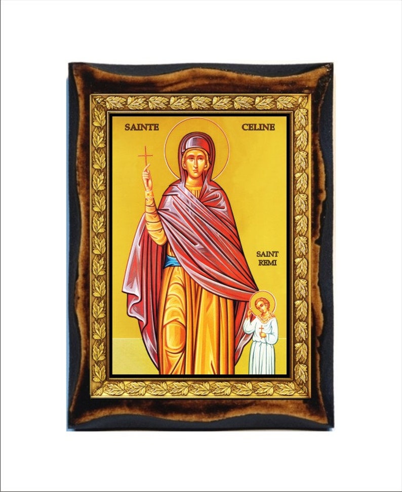 Sainte Céline Saint Celine Santa Céline Celine mother of Saint Remi of Reims Handmade Wood Icon on Plaque Catholic, Roman Art image 1