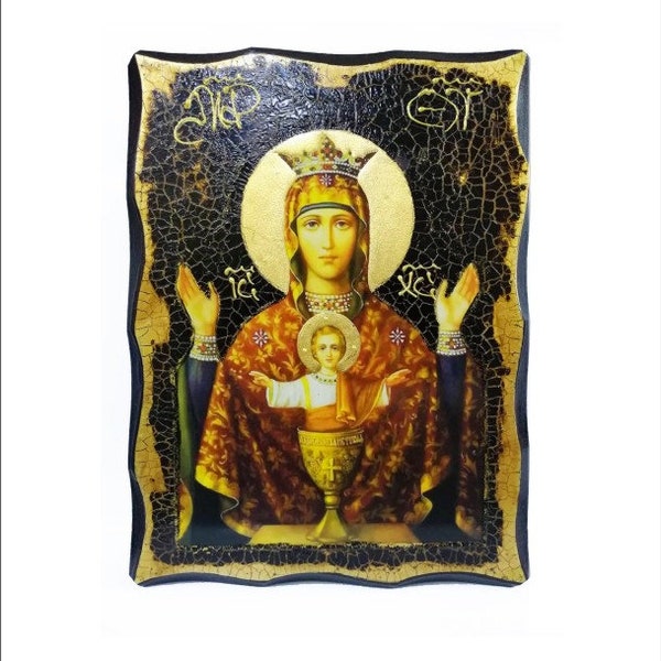 Theotokos du calice inépuisable - Madre di Dio Calice Inesauribile - Bois fait à la main, icône avec vieillissement physique et feuille d’or 24K