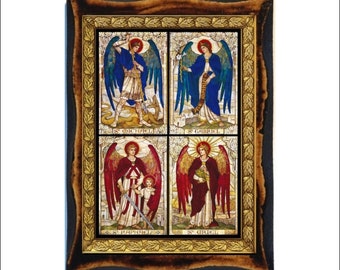 Les quatre archanges Uriel, Gabriel, Raphaël, et Michael Catholique, orthodoxe christian art main icône en bois sur plaque orthodoxe, catholique