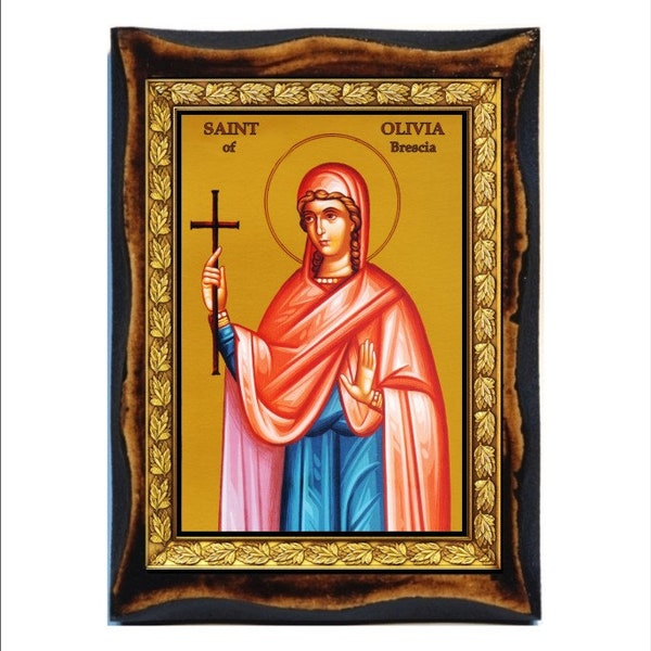 Saint Oliva - Oliva di Brescia - Oliva von Brescia - Oliva von Brescia - Santa Olivia handgefertigte Holz-Symbol auf Plakette römisch-katholisch, orthodox