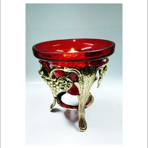 Standing Oil Lamps - Decor Oil Lamp - Oil Vigil Lamp Brass - Oil Candle with Red Glass Cup - Vigil Oil Lamp - Lámpara de aceite - Öllampe