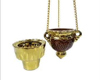 Vine Oil Lamp with Gold cup - Hanging Vigil Oil Lamp with Chain and Gold Glass - Brown Ceramic Vine Oil Lamp - Porcelain Brown Oil Lamp