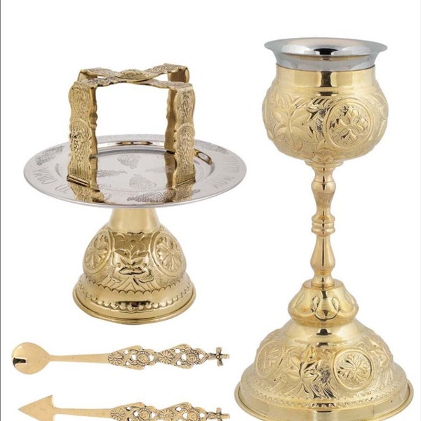 Brass Chalice Set - Gold plated Communion Set - Communion Chalice - Brass chalice set of 5 items: Holy Glass, Disk, Asterisk, Spear,Tweezers