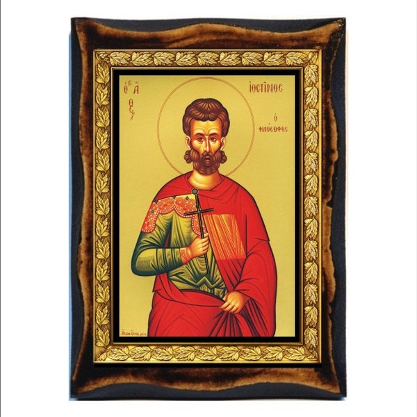 Justin Martyr - Saint Justin - Justin the Philosopher - Justin de Naplouse Handmade Wood Icon on Plaque  Orthodox ,Catholic, Home Decor Wall