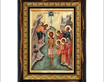 Epiphany (holiday) or Theophany Handmade wood icon on plaque Orthodox ,Catholic, Roman,Byzantine,Coptic, Home Decor