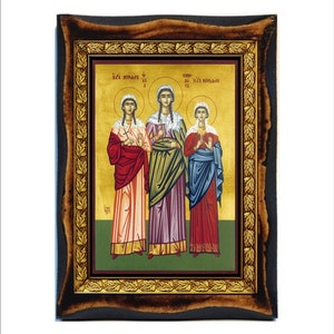 Saints Menodora, Metrodora, and Nymphodora Sante Menodora, Metrodora e Ninfodora Handmade wood icon on plaque,Orthodox,Home Decor Wall image 1