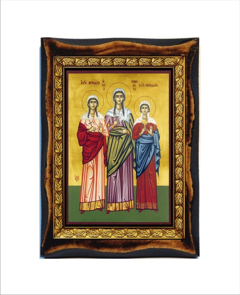 Saints Menodora, Metrodora, and Nymphodora Sante Menodora, Metrodora e Ninfodora Handmade wood icon on plaque,Orthodox,Home Decor Wall image 1