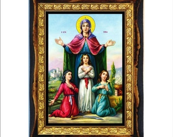 Saint Sophia and her Three Daughters Faith, Hope and Love - Martyr Sophia and her three daughters at Rome Handmade Wood Icon on Plaque