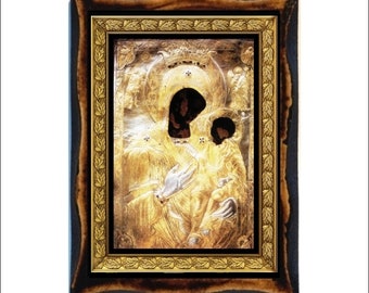 Holy Virgin of the Cave - Holy Virgin Mary the Spiliotissa Koronis Handmade wood icon on plaque Orthodox , Catholic, Roman Art