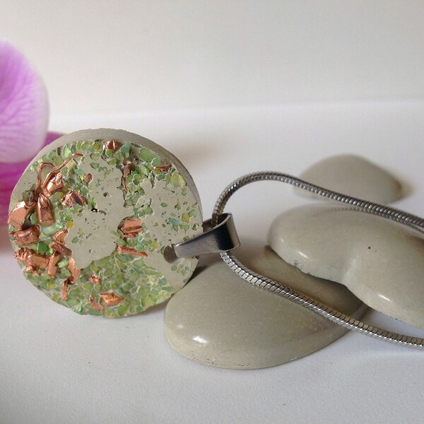 Concrete jewelry, necklace, stainless steel, pendant, concrete, chain with pendant, copper, silver, green