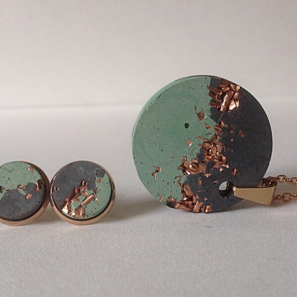 Jewelry set, chain with pendant, stud earrings, concrete jewelry, chain, pendant, stainless steel, concrete, copper, green