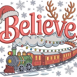 以下が含まれることがあります： 赤い「Believe」の文字が特徴的なお祝いのイラスト。サンタの帽子とトナカイの角で飾られています。赤い客車と緑色の機関車が雪の結晶と電飾の中を走るクリスマストレイン。