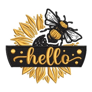 May include: A black and gold embroidery design featuring a sunflower with a bee on top and the word "hello" in a banner below.