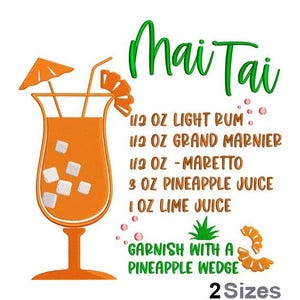 Mai Tai Embroidery - Light Rum Embroidery - Ladies Drink Embroidery - Machine Embroidery Design - Digital Instant Download - 2 Sizes