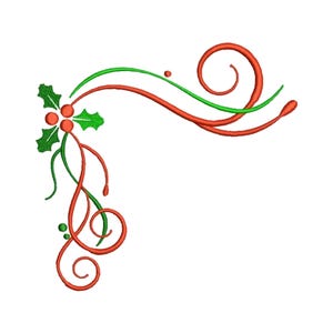 May include: A red and green Christmas corner design with holly leaves and berries. The design features a swirling, vine-like pattern.