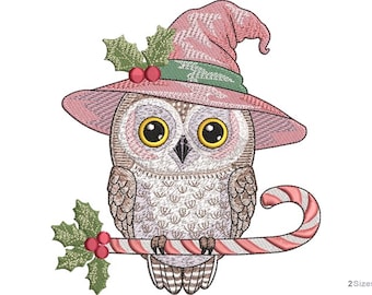Christmas Owl Machine Embroidery Design - 2 sizes, Owl with Candy Cane Design, Winter Machine Embroidery File, Festive Animal