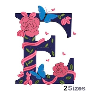 Bordado floral con la letra E - Bordado del alfabeto - Bordado floral - Diseño de bordado a máquina - Descarga digital instantánea - 2 tamaños