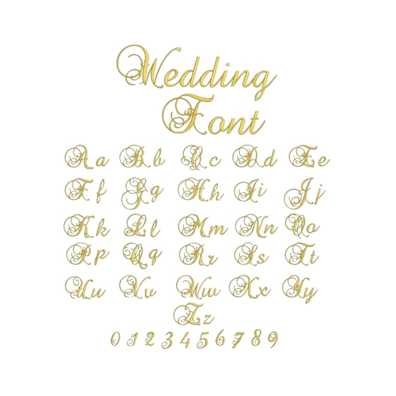 Puede incluir: Un alfabeto de fuente de color dorado con la palabra "Wedding Font" en la parte superior. El alfabeto incluye todas las letras de la A a la Z y los n&uacute;meros del 0 al 9.