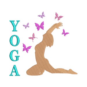 Puede incluir: La palabra "YOGA" en azul turquesa está en el lado izquierdo de la imagen. En el lado derecho, una silueta marrón de una persona en una postura de yoga está rodeada de mariposas rosas.