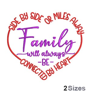 Może przedstawiać: Czerwone serce z napisem "Side by side or miles away Family will always -be- connected by heart" w fioletowym, ozdobnym pismie.