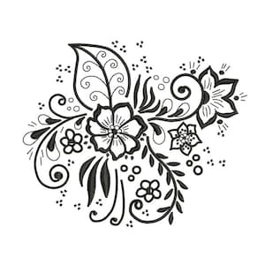 May include: Black floral embroidery design featuring various flower shapes, leaves, and swirling vines. The design is detailed with small dots and intricate patterns, perfect for fabric embellishment or crafting projects.