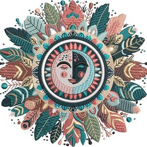 May include: Embroidered design featuring a sun and moon face, surrounded by colorful feathers and leaves. The design incorporates teal, coral, brown, and gold colors. The sun and moon are split down the middle, with one side pink and the other dark blue.
