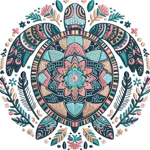 May include: Embroidered sea turtle design in teal, pink, and gold. The turtle is surrounded by floral and feather motifs, creating a circular pattern. The design is intricate and detailed, with a focus on geometric shapes and natural elements.