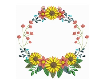 Sunflower Wreath Machine Embroidery Design, Floral Embroidery Designs, Embroidery Patterns,Embroidery Files,Instant Download / 3 Sizes