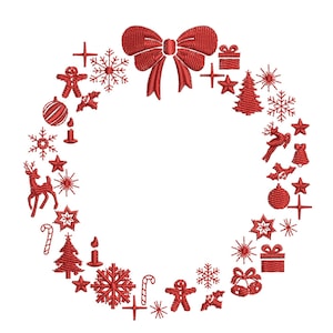 May include: Red embroidered Christmas wreath featuring a bow at the top and various festive symbols such as snowflakes, candy canes, reindeer, and baubles.