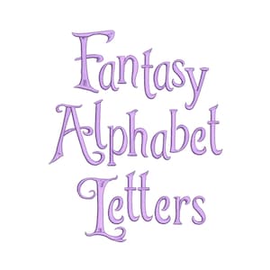 Può includere: Caratteri in corsivo viola che leggono "Fantasy Alphabet Letters".