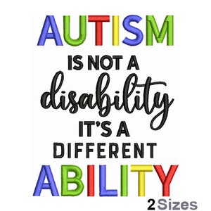 May include: Autism is not a disability, it's a different ability. The text is in black with the word "Autism" in rainbow colors and the word "ability" in rainbow colors.