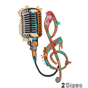 May include: A vintage microphone with a brown and orange design, paired with a colorful treble clef, both with a paint splatter effect.  The design is perfect for music lovers and musicians.