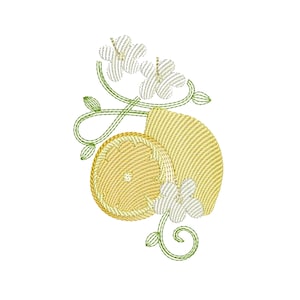 May include: Embroidered design of a lemon with leaves and white flowers. The lemon is yellow and the leaves are green.