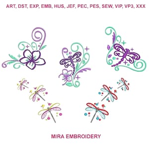 Dragonfly Machine Embroidery Design Set / Mini Flowers and Dragonflies Embroidery Pattern / Colorful Hibiscus Dragonfly Embroidery Set