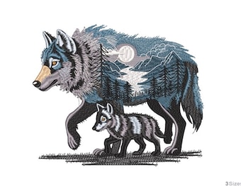 Wolf Machine Embroidery Design - 3 sizes, Forest Animal Pattern, Wolf with Mountain Scene, Wildlife Embroidery