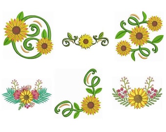 Sunflower Border Machine Embroidery Design Bundles / Decorative Sunflower corner embroidery Patterns Set / 6 mini Sunflower Embroidery Files