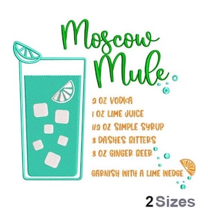 Moscow Mule Embroidery - Vodka Embroidery - Lime Juice Embroidery - Machine Embroidery Design - Digital Instant Download   Sizes