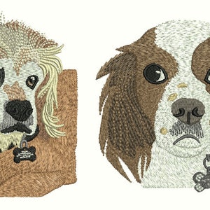 K&ouml;nnte beinhalten: Gestickte Portr&auml;ts von zwei Hunden. Ein Hund hat hellbraunes Fell mit wei&szlig;em Gesicht und einem Hundehalsband. Der andere Hund hat braunes und wei&szlig;es Fell mit einem Hundehalsband. Beide Hunde haben detaillierte Gesichtsz&uuml;ge.