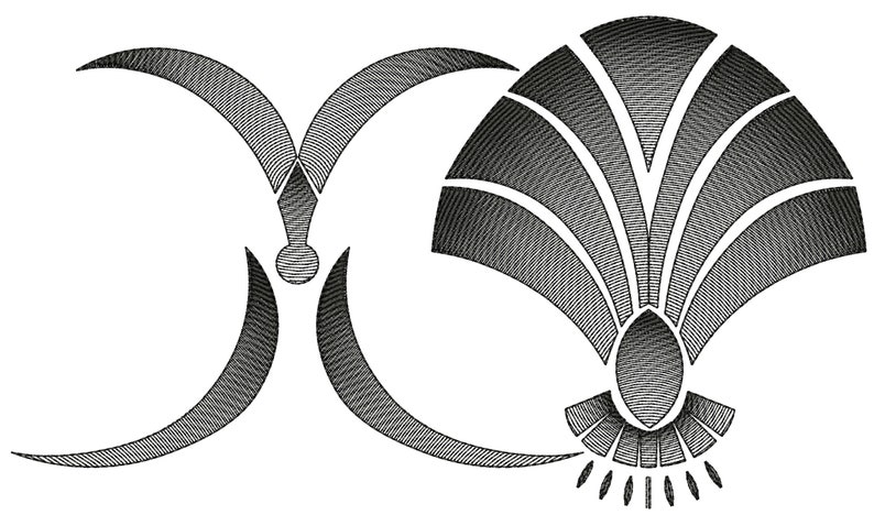 May include: A black and white stylized illustration of a crescent moon and a stylized sun with rays.