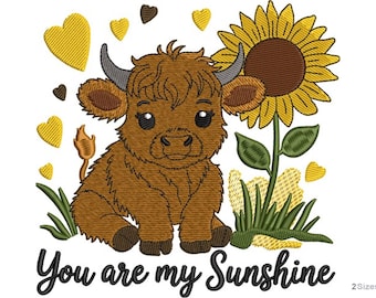 Highland Cow and Sunflower Machine Embroidery Design - 2 sizes, Farm Animal Pattern, Cute Cow with Sunflower Design
