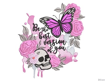 Butterfly Skull Machine Embroidery Design - 3 sizes, Inspirational Quote Design, Gothic Floral Pattern
