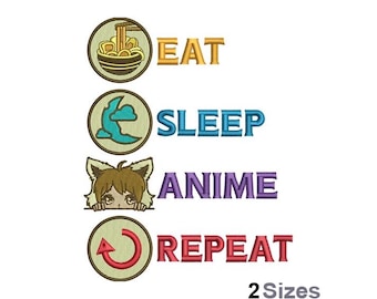 Bordado de repetición de anime Eat Sleep - Bordado casero - Bordado de pasatiempo - Diseño de bordado a máquina - Descarga instantánea digital - 2 tamaños