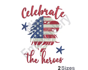 Può includere: Ricamo "Celebra gli eroi" con un'aquila con bandiera americana, stelle rosse, bianche e blu. Due dimensioni disponibili.