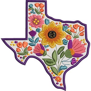 May include: Embroidered design of the state of Texas, filled with colorful flowers. The design features a large yellow sunflower at the center, surrounded by pink, orange, and purple blooms, with green leaves. The outline is purple.