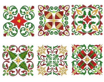 Christmas Quilt Blocks Machine Embroidery Design Set / Holiday Quilt Pattern with Christmas Trees Ornaments , Presents, Quilt Embroidery set