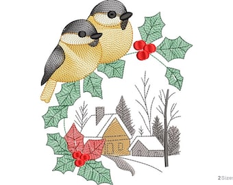 May include: An embroidered design showing two yellow and grey birds on holly with red berries. A winter scene with a house and trees is in the background. Ideal for festive crafts and projects.