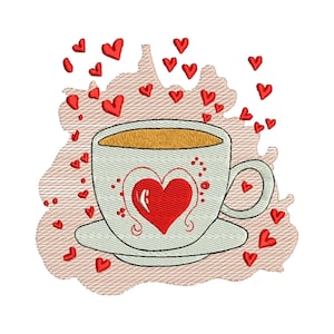 May include: A white coffee cup with a red heart design and a saucer, surrounded by red hearts on a pink background.