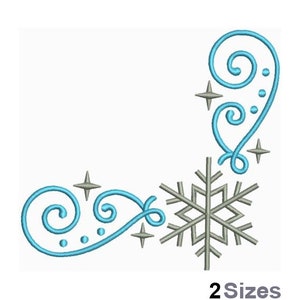 May include: A blue and gray corner design with a snowflake and swirls. The design includes stars and dots.