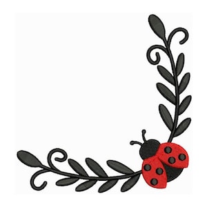 Könnte beinhalten: Schwarze und rote Marienkäfer mit schwarzen Punkten auf einem schwarzen, blattreichen Ranken-Eckdesign.