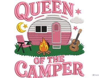 Queen of the Camper Machine Embroidery Design - 2 sizes, Retro Camper Pattern, Camping Life Design, Camping Lover Gift